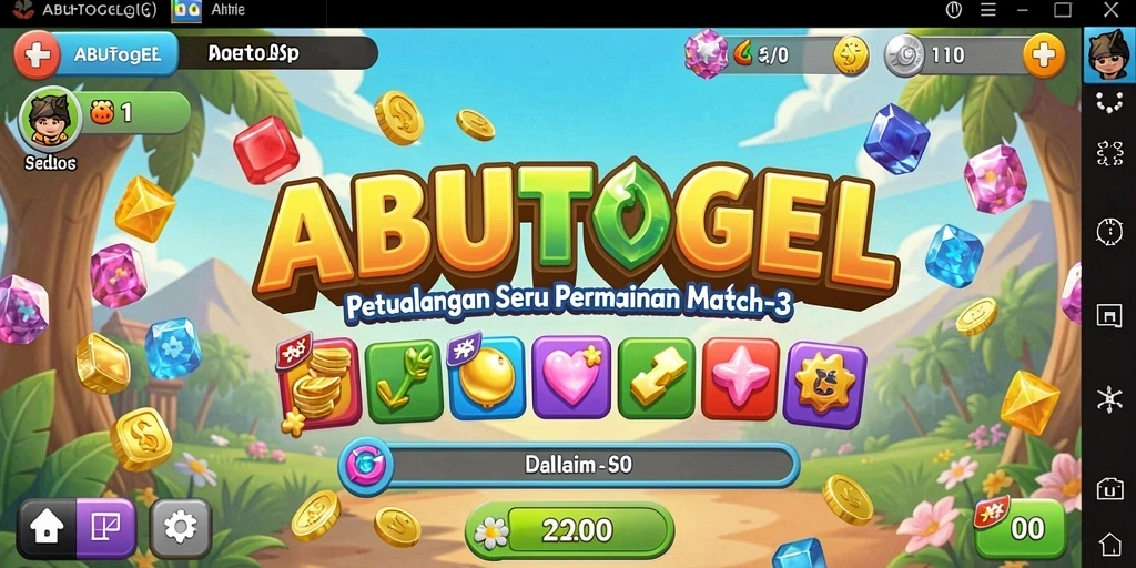Screenshot gameplay ABUTOGEL menampilkan aksi mencocokkan permata.