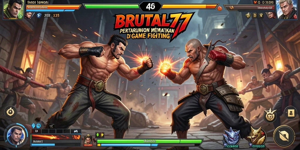 Screen gameplay BRUTAL77 menampilkan aksi pertarungan yang menegangkan.