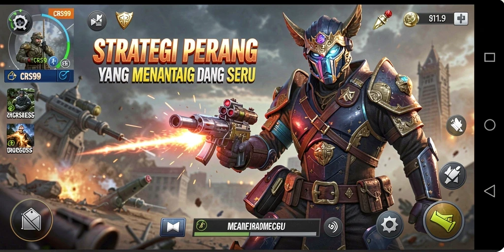 Screenshot gameplay CRS99 yang menunjukkan pertempuran strategis sedang berlangsung.