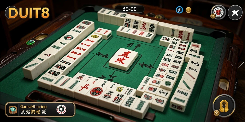 Tampilan gameplay menarik dari DUIT8 dengan ubin Mahjong berwarna-warni.
