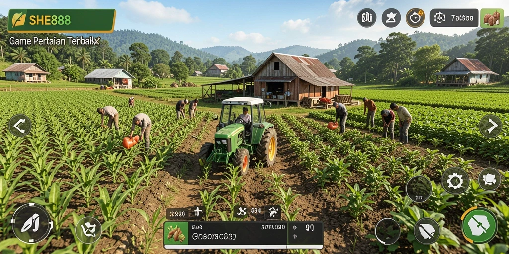 Tampilan gameplay SHE888 dengan suasana pertanian yang ceria.